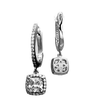 Rachel Sterling Silver Princess Cut CZ Halo Leverback Dangle Drop Earrings