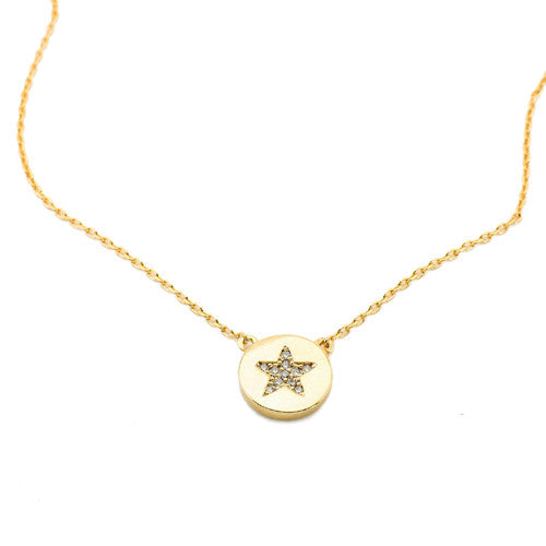 Pave Star on Flat Disc Charm Necklace